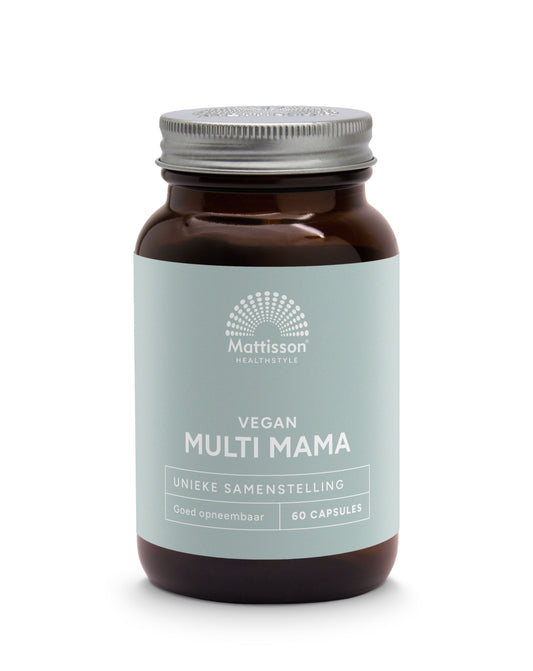 Mattisson Multi Mama Vegan vitamin capsules in a blister pack, showing 60 capsules designed for easy absorption.
