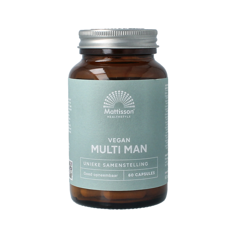 Mattisson Multi Man Vegan vitamin capsules, 60 vegetarian multivitamin supplement capsules in a clear container.