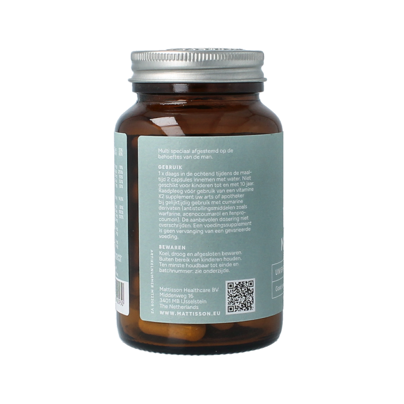 Mattisson Multi Man vegan vitamin supplement in a bottle, featuring 60 vegetarian capsules for daily nutritional support.