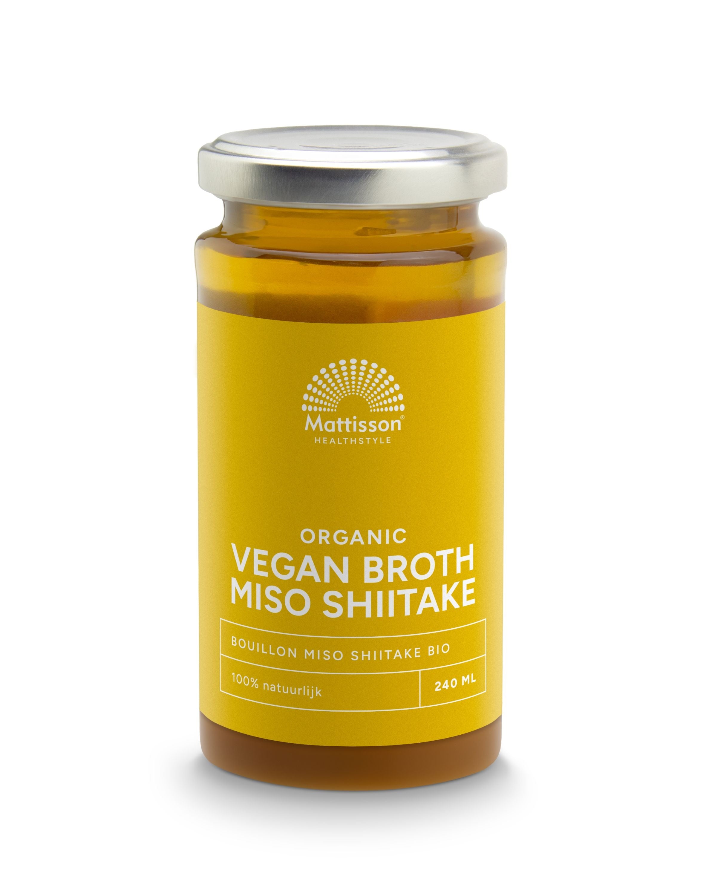 Mattisson Organic miso bone broth in 240ml container, showing a clear bowl of savory miso soup with bones and broth.