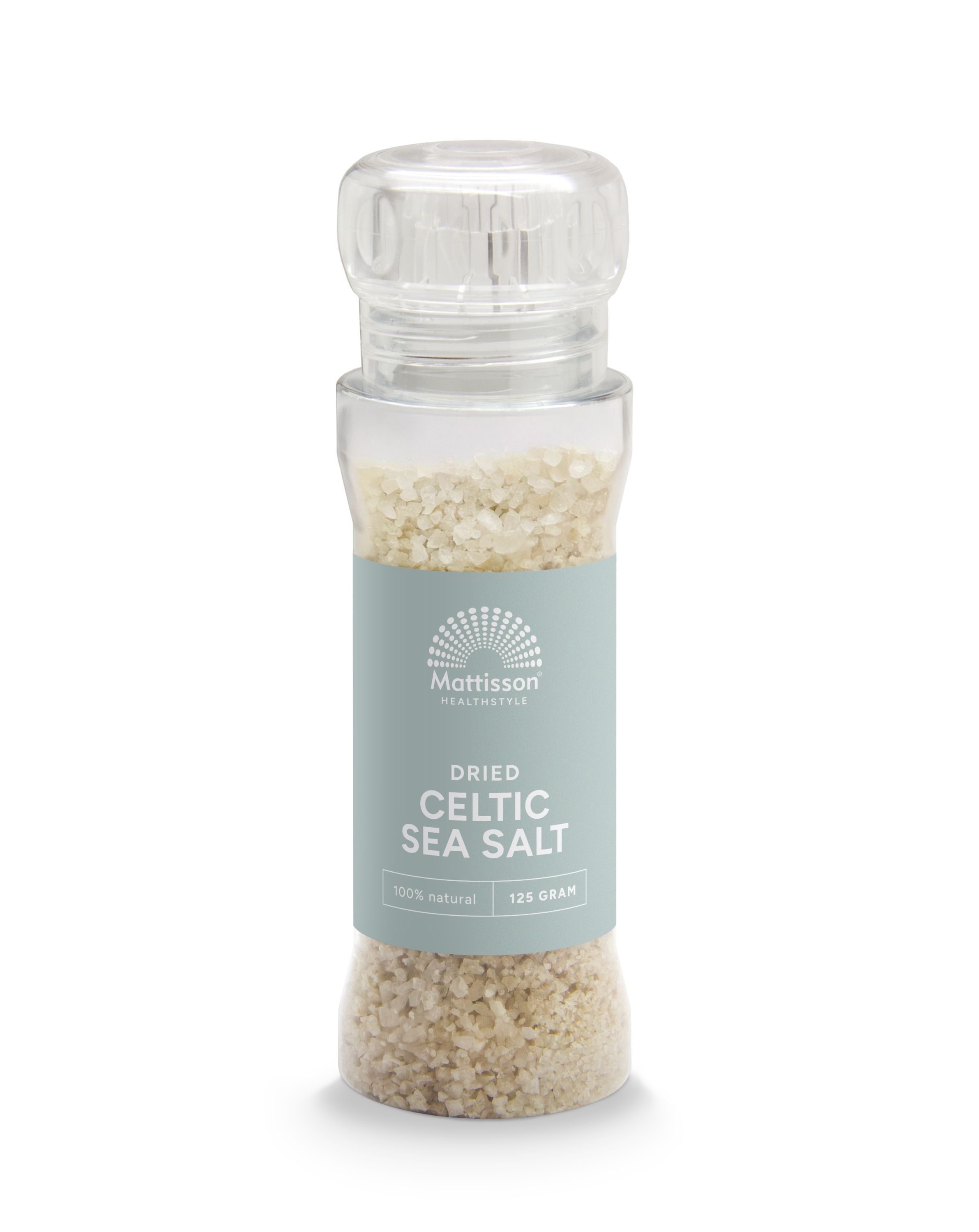 Mattisson Celtic sea salt in a grinder, dried, 125g, natural sea salt for cooking and seasoning, from the Kruiden, Zouten en Maaltijdmixen line.