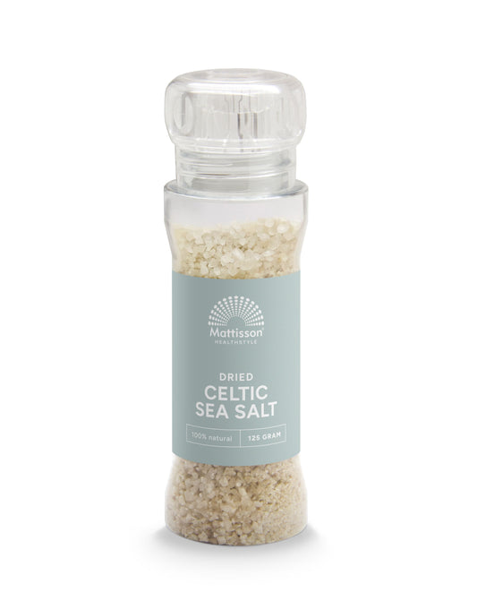 Mattisson Celtic sea salt in a grinder, dried, 125g, natural sea salt for cooking and seasoning, from the Kruiden, Zouten en Maaltijdmixen line.