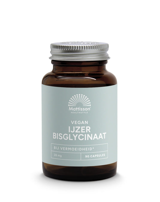 Mattisson Vegan Iron Bisglycinate 28mg vegetarian capsules, dietary supplement for iron and multivitamin support.