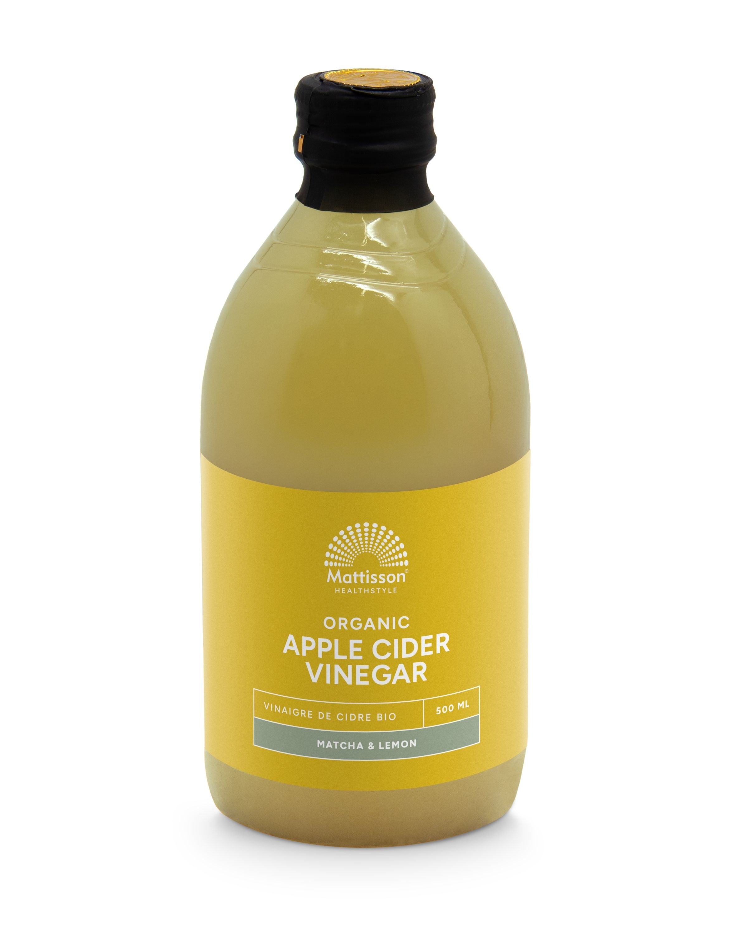 Mattisson organic apple cider vinegar matcha lemon drink in a 500ml bottle, featuring a green tea and lemon flavor.