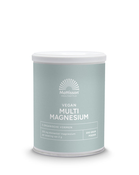 Mattisson Multi Magnesium vegan powder in a 200g container, featuring a mineral supplement with colorful labeling on the jar.