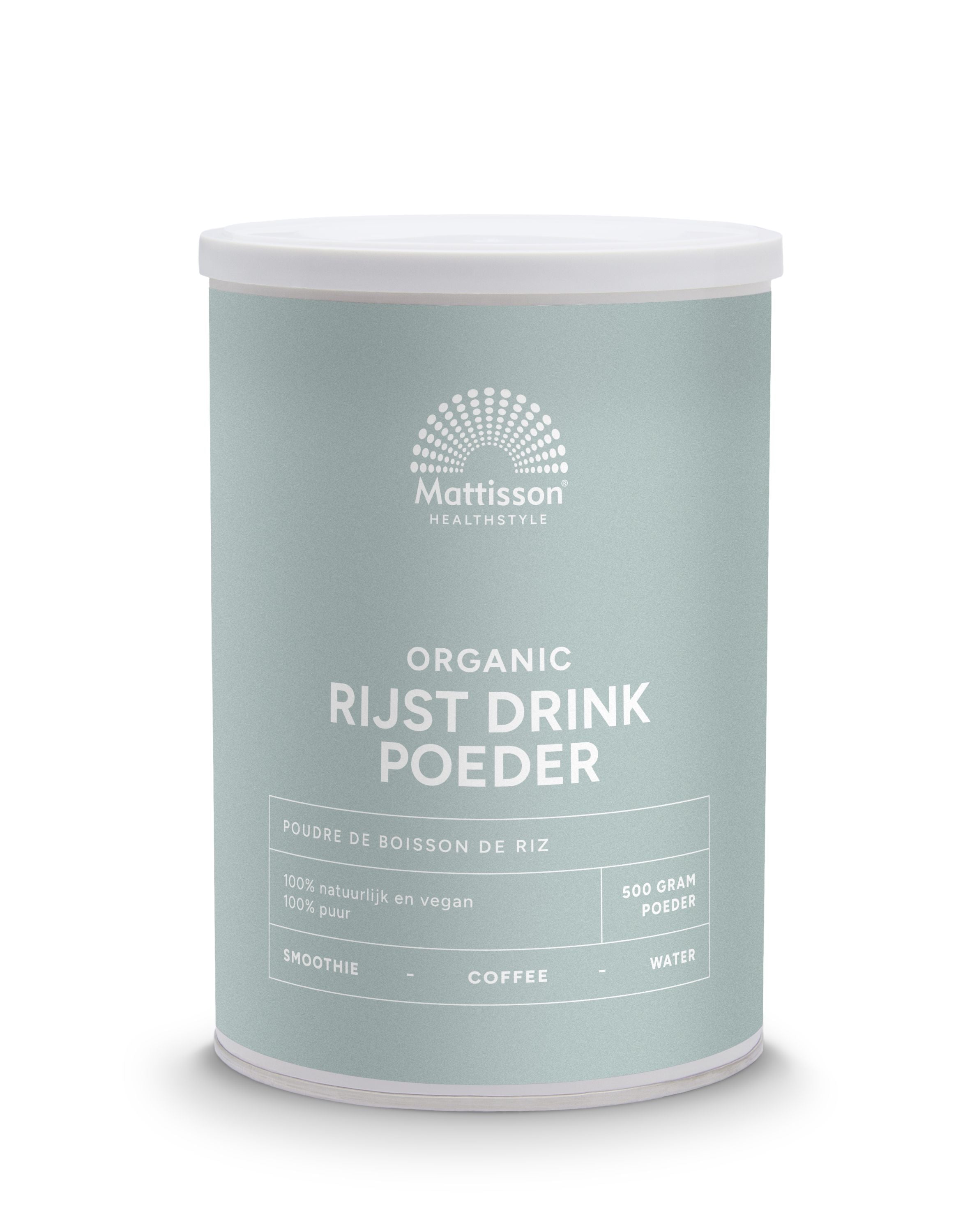 Mattisson biologisch rijstdrank poeder in 500g bag, natural rice beverage powder from Mattisson for dairy-free drinks.