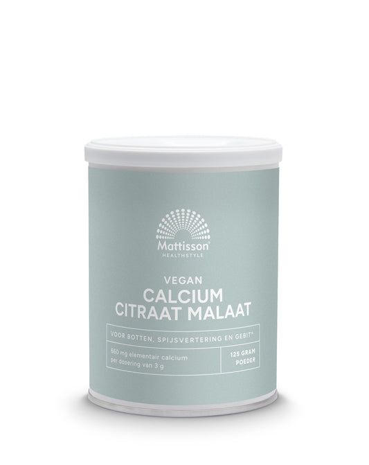 Vegan Mattisson Calcium Citraat Malaat powder in a clear container, showing the light-colored mineral supplement powder.
