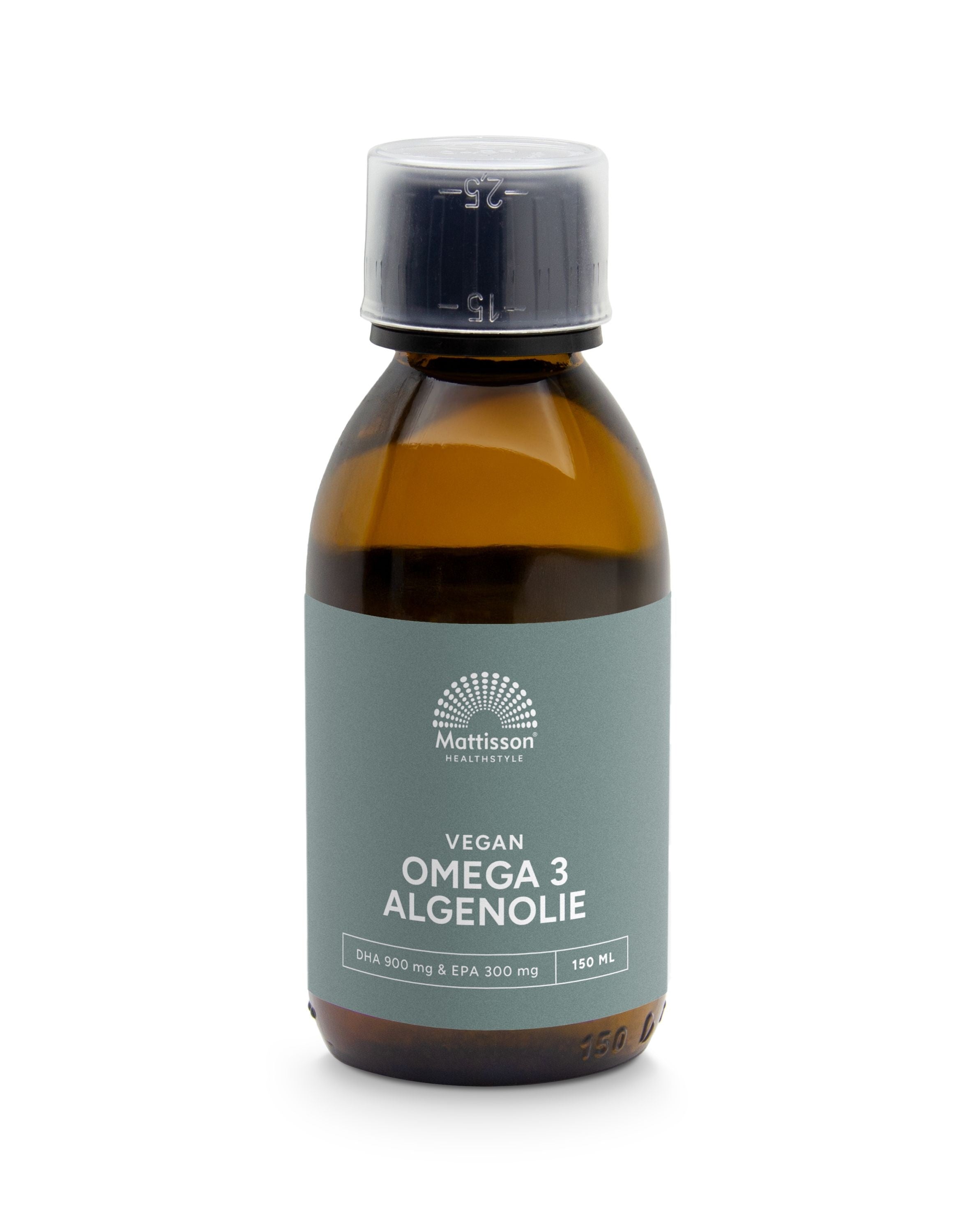 Mattisson Algenolie omega-3 supplement in 150ml bottle, featuring DHA and EPA in triglyceride form for healthy fats.