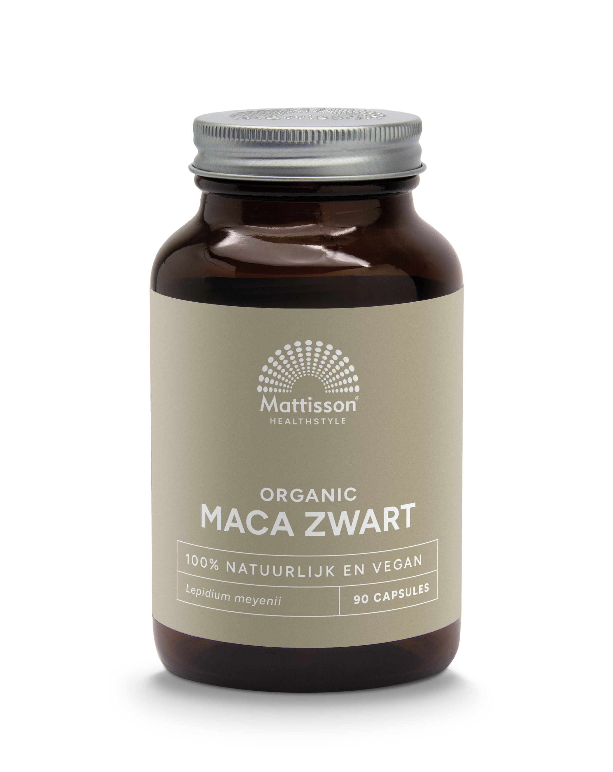 Mattisson Zwarte Maca 750mg bio capsules, natural herbal supplement in a clear bottle with 90 capsules, focused on product label.