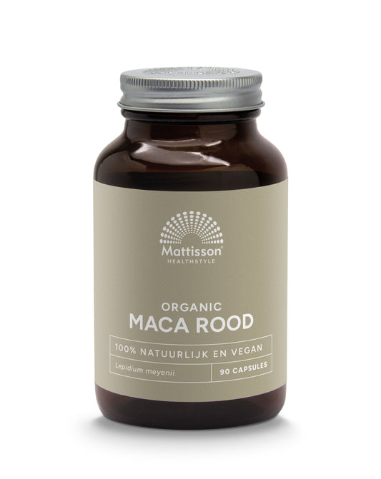 Mattisson Rode Maca 750mg bio capsules, herbal supplement in a bottle, natural health product by Mattisson.