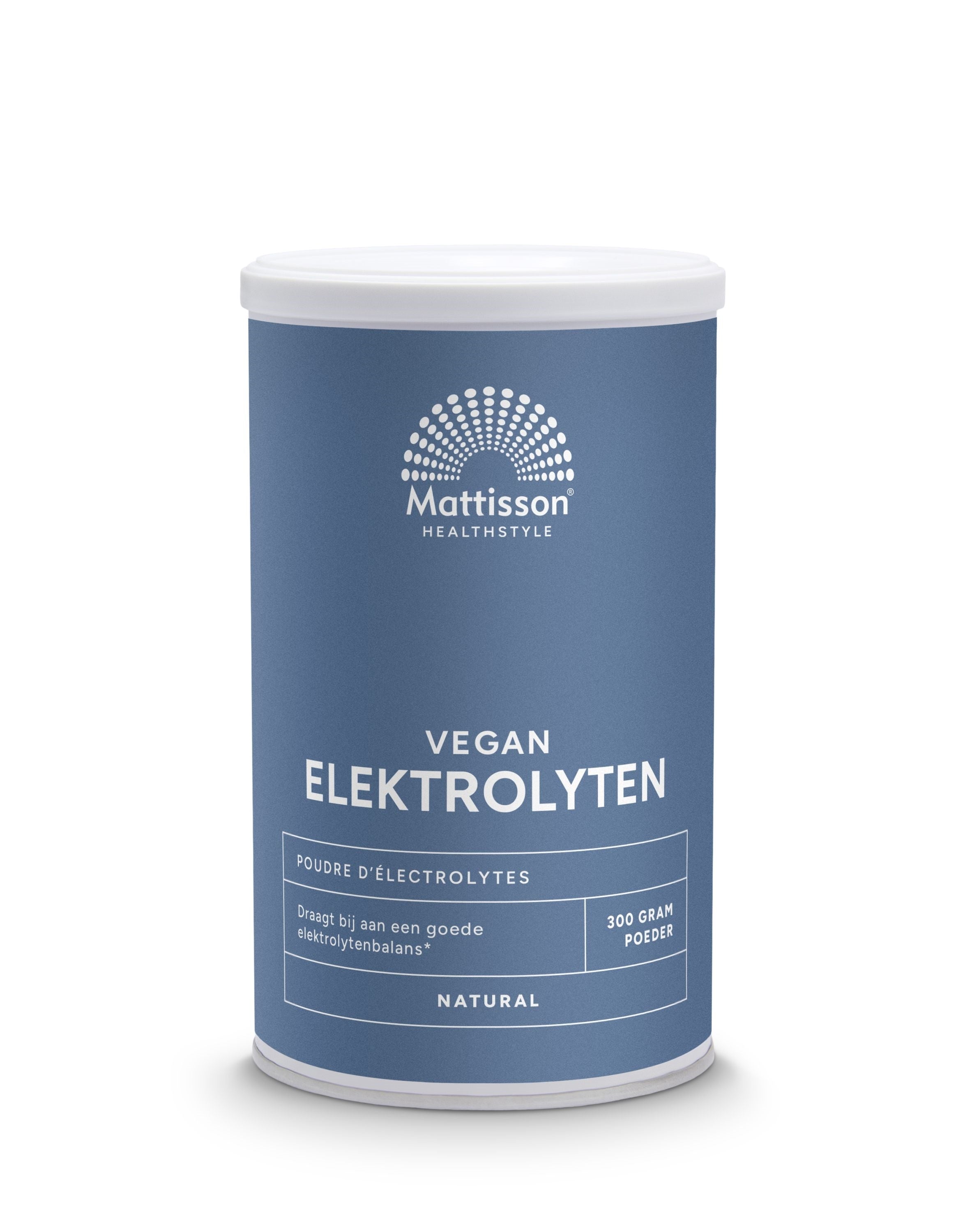 Vegan mineral electrolyte powder by Mattisson, 300g jar with colorful label, natural electrolyte supplement for hydration.