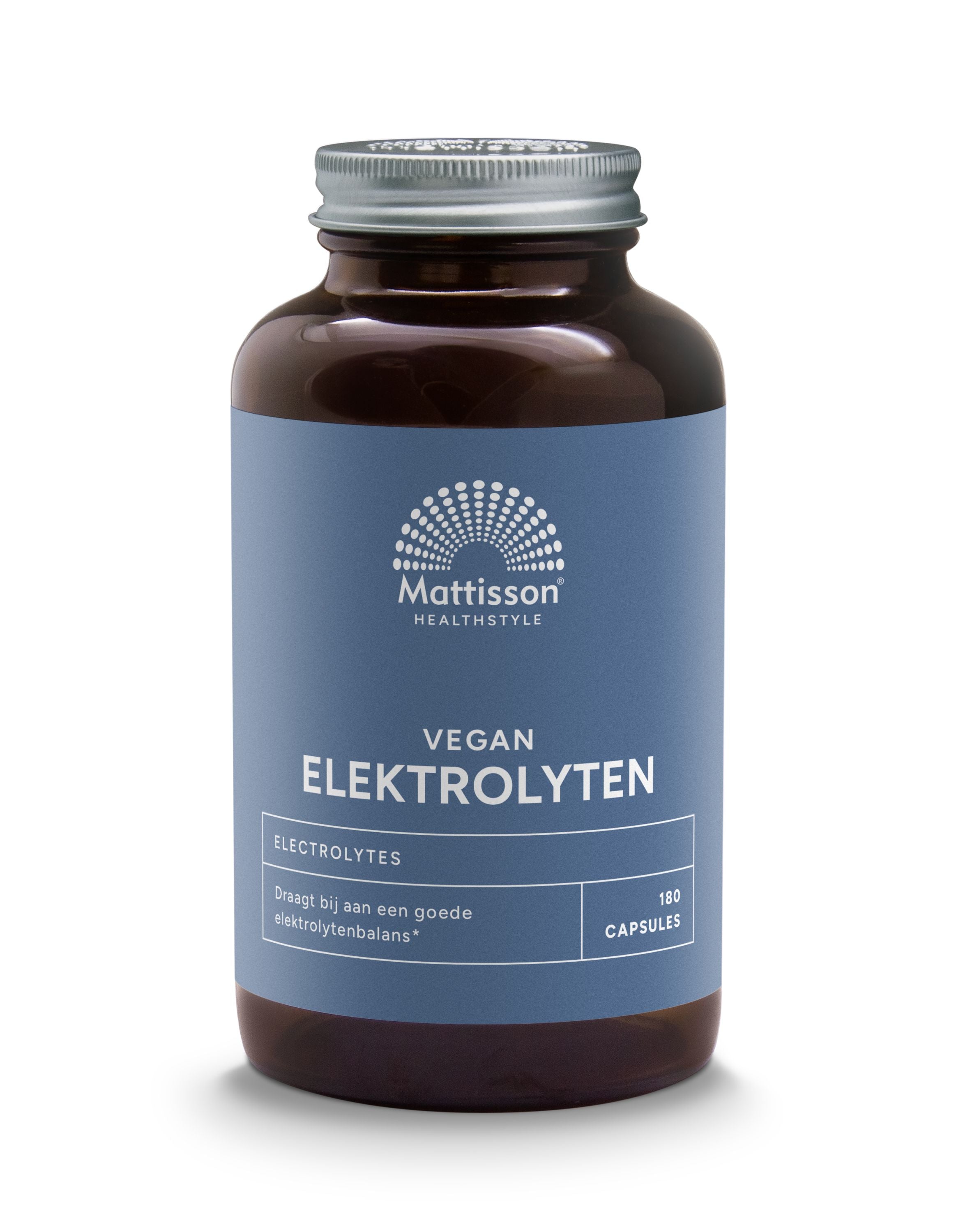Vegan mineral electrolyte supplement by Mattisson with 180 capsules, displayed in a clear container with capsules inside.