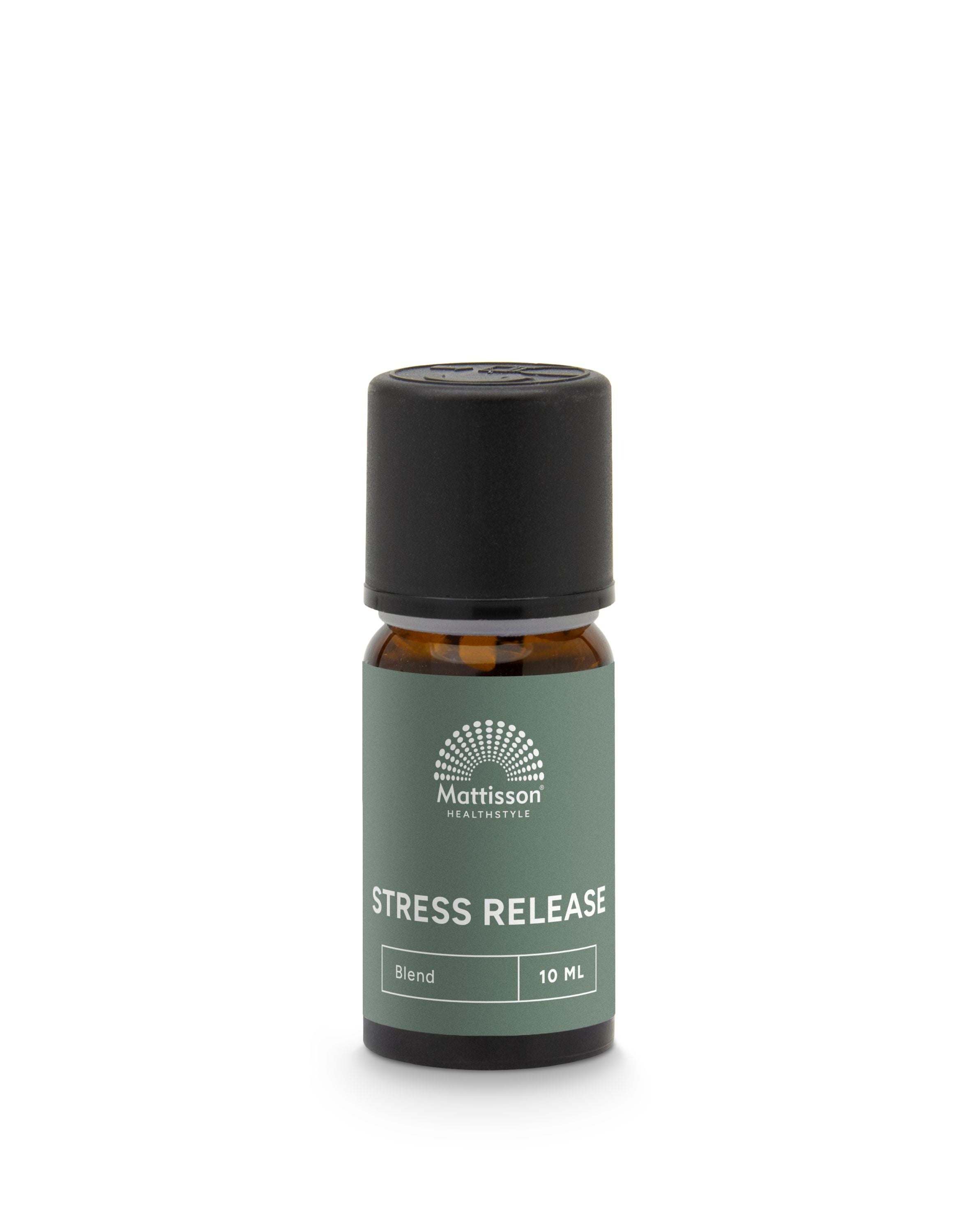 Mattisson Stress Release essential oil in 10ml bottle, natural etherische olie for relaxation and aromatherapy, shown in the image.