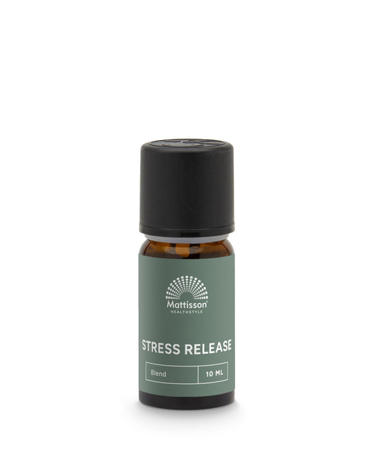 Mattisson Stress Release essential oil in 10ml bottle, natural etherische olie for relaxation and aromatherapy, shown in the image.