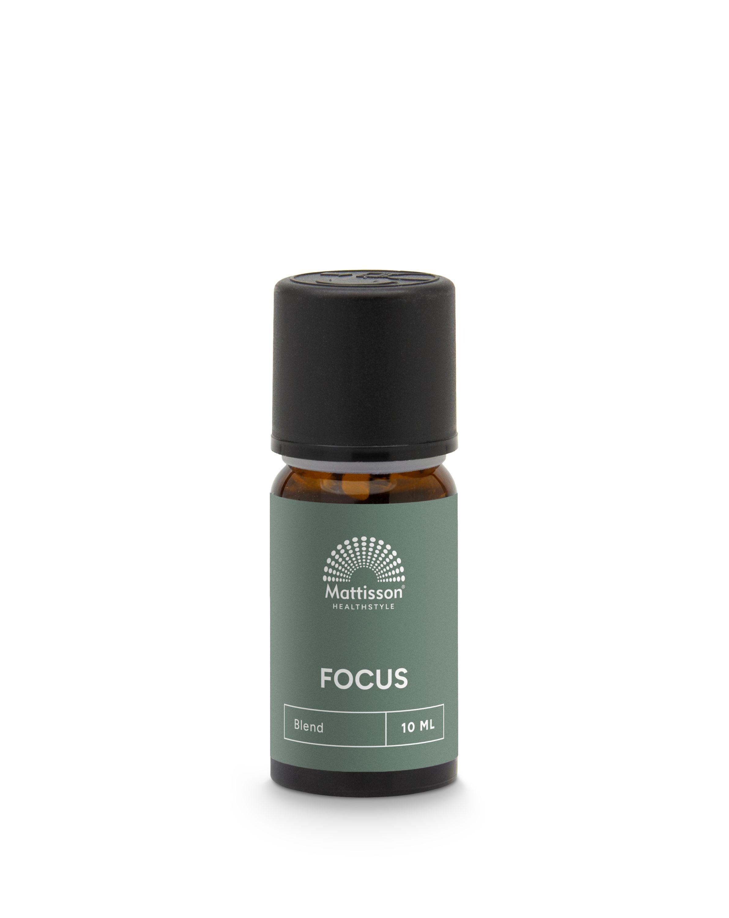 Mattisson Focus essential oil in a 10ml bottle, showcasing the amber glass container and label for aromatic wellness.