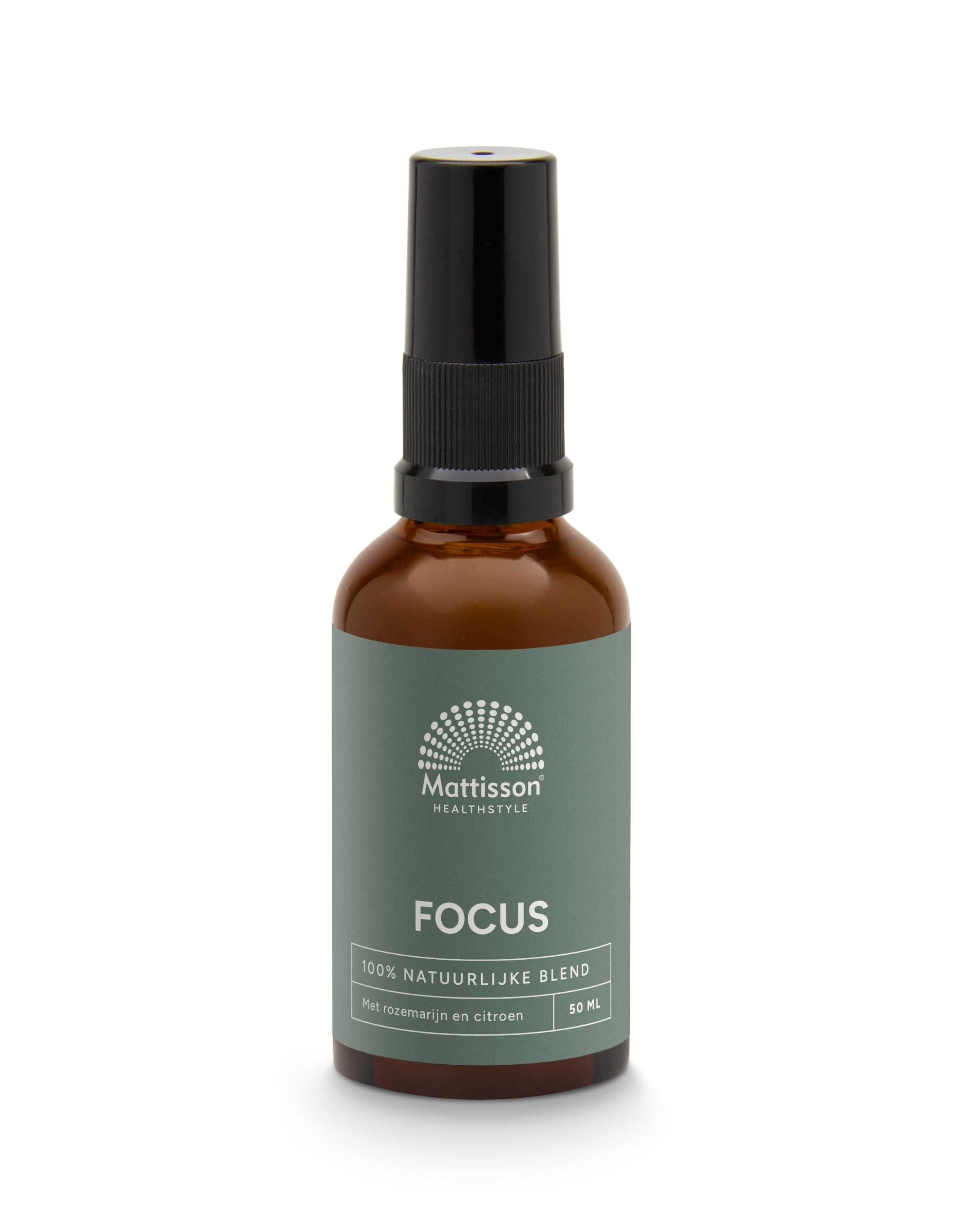 Mattisson Focus roomspray 50ml with elegant glass bottle and spray nozzle, designed for freshening indoor spaces.