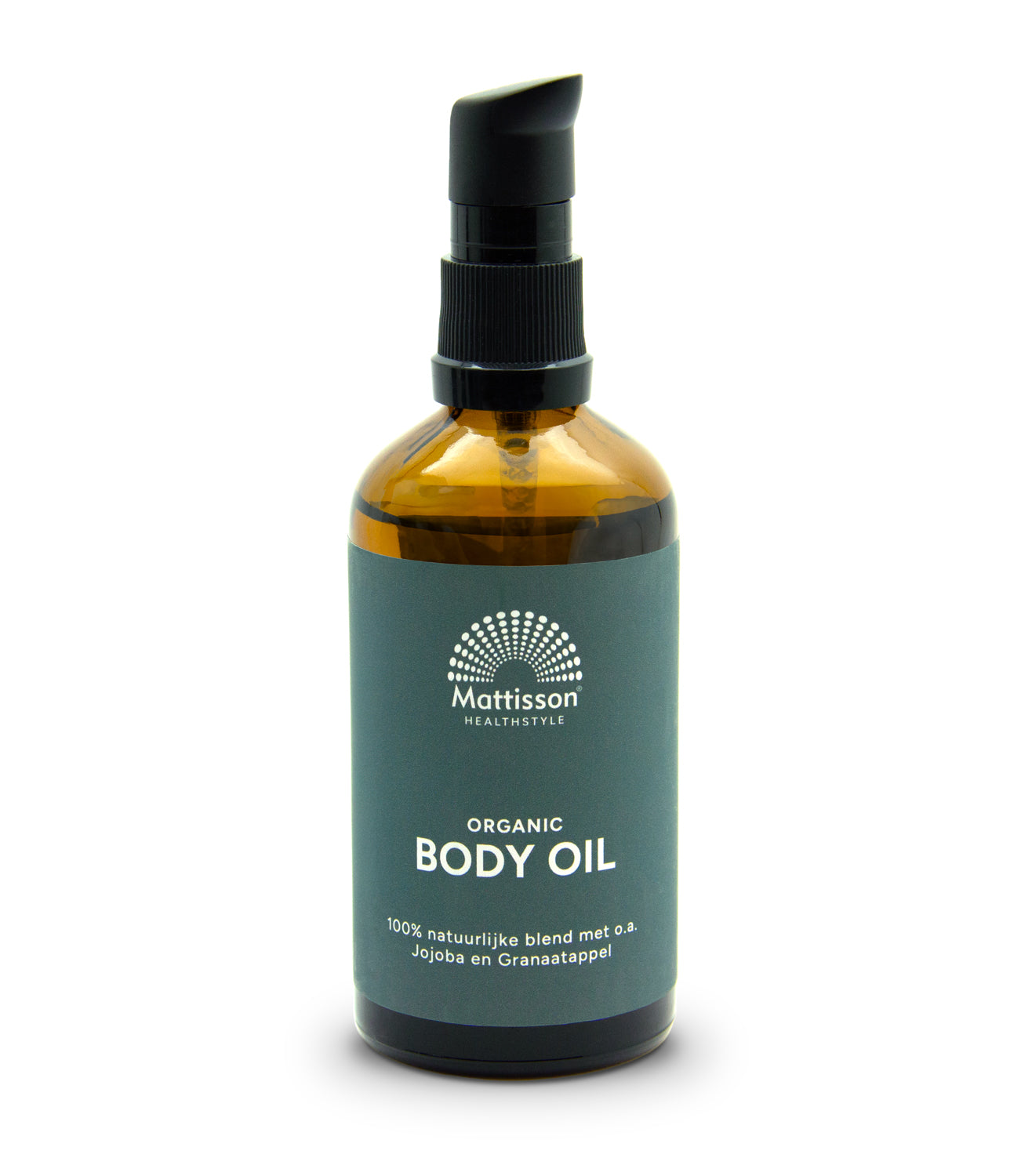 Mattisson Organic Body Oil bio in a 100ml bottle, natural body care product with a clear label and golden oil inside.