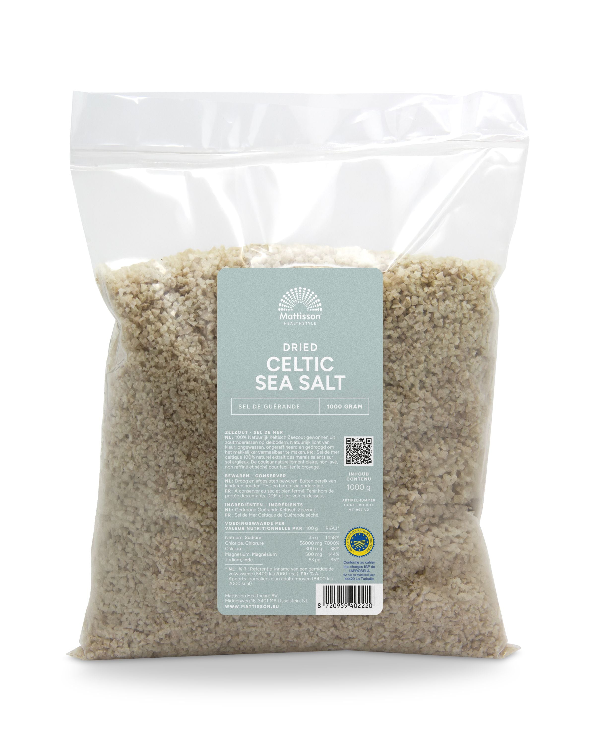 Mattisson Celtic sea salt in a 1kg package, dried sea salt for cooking and seasoning, from the Mattisson kruiden en zouten collection.