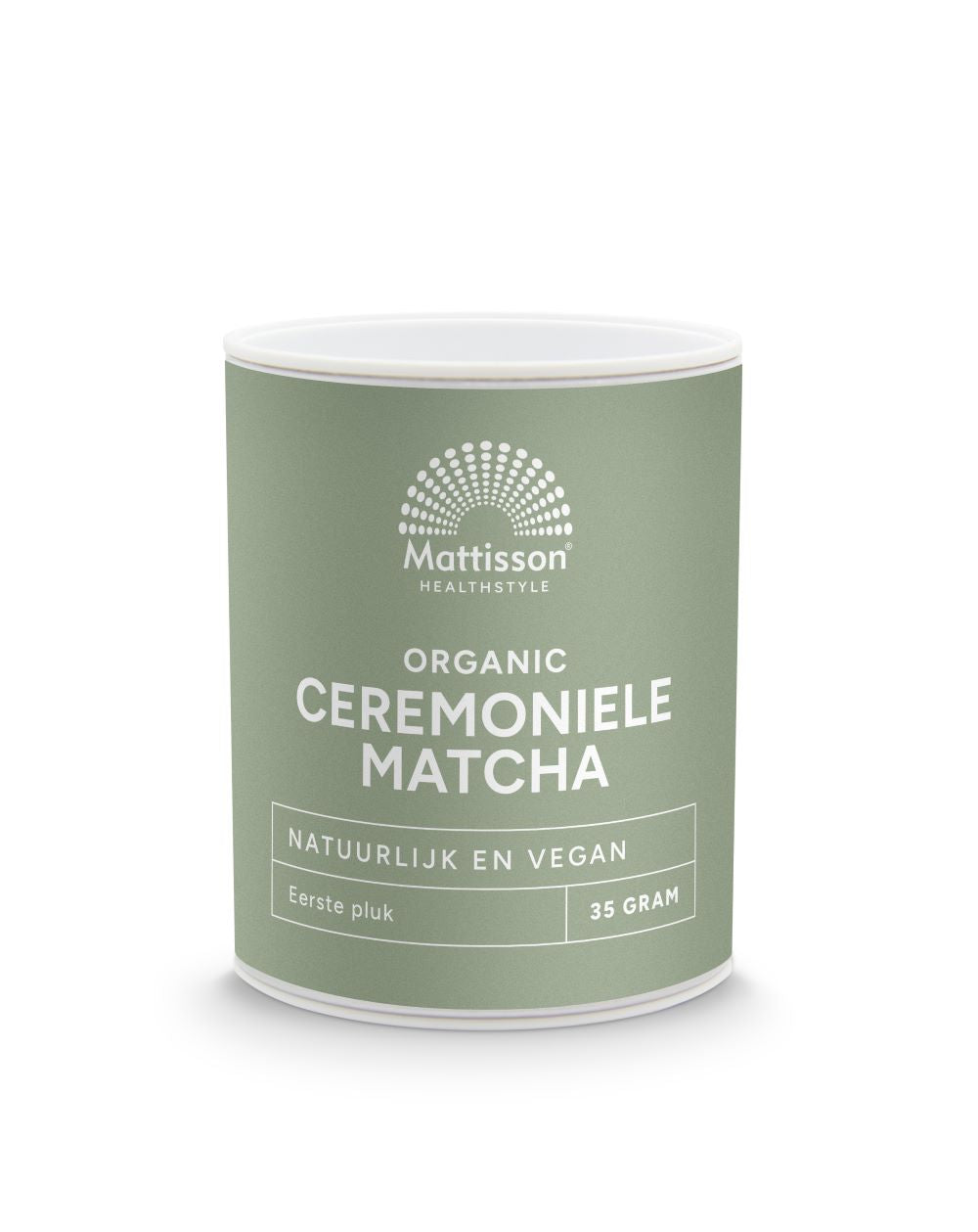 Mattisson biologische ceremoniele matcha poeder in 35g container, vibrant green powdered tea for traditional tea ceremonies.