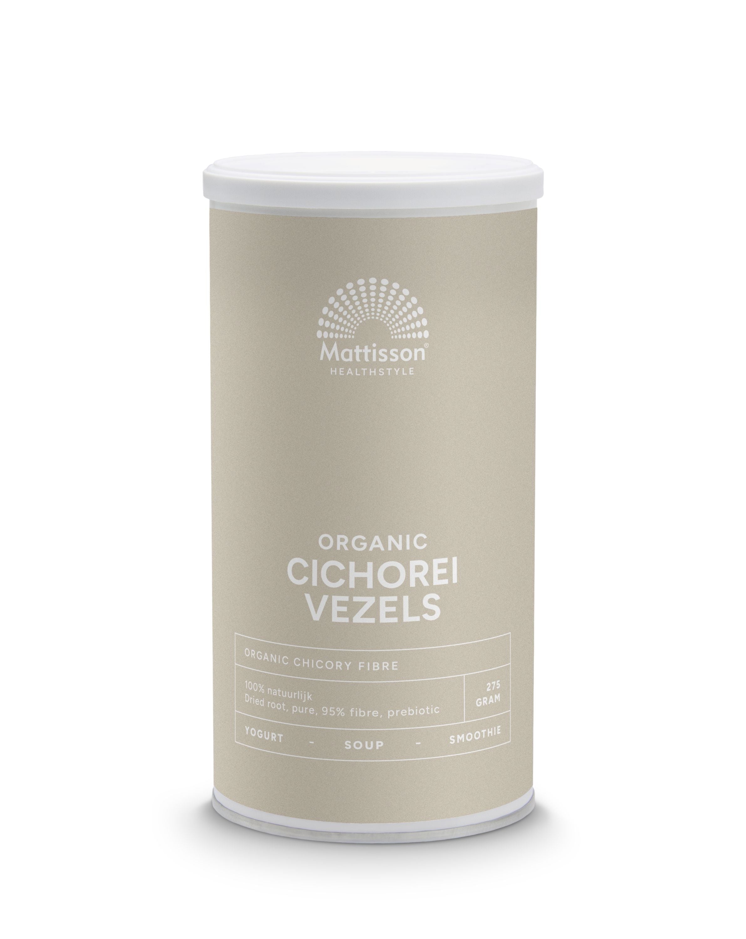 Bio Mattisson Chicorei Vezels en Enzymen supplement in 275g container, featuring natural fiber and enzyme blend.