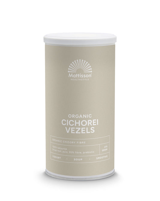 Bio Mattisson Chicorei Vezels en Enzymen supplement in 275g container, featuring natural fiber and enzyme blend.