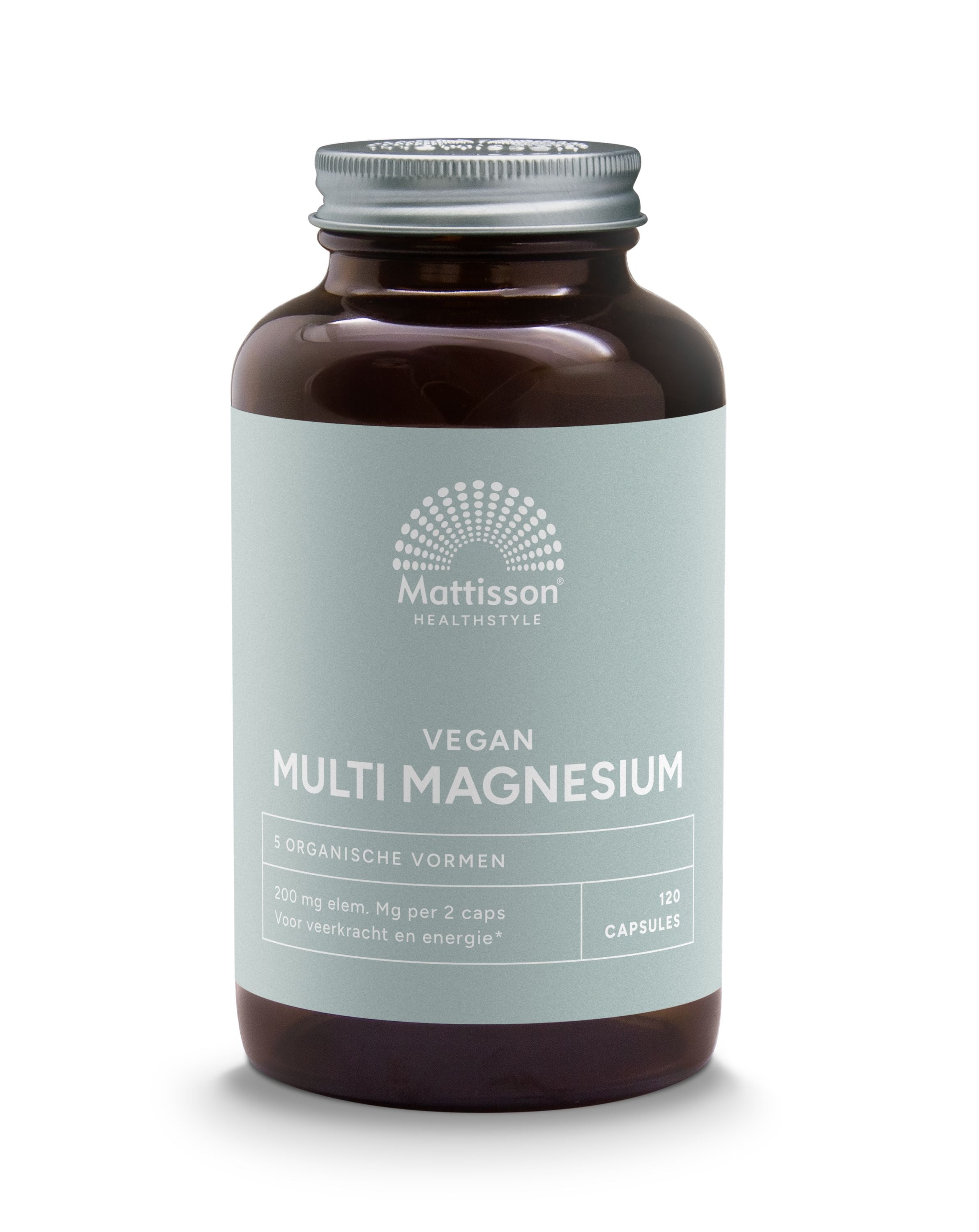 Mattisson Vegan Multi Magnesium capsules in a bottle, vegetarian mineral supplement with 200mg magnesium per serving.