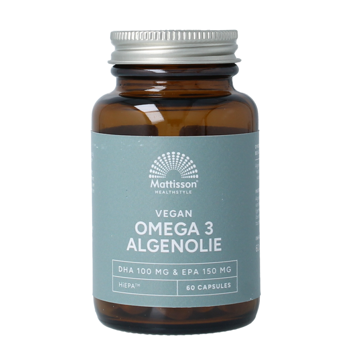 Vegan omega 3 capsules by Mattisson with EPA 150mg and DHA 100mg, displayed in a clear bottle with capsules inside.