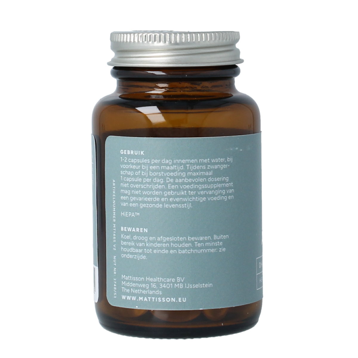 Vegan omega-3 algae oil capsules by Mattisson with EPA 150mg and DHA 100mg, 60 capsules in a clear bottle.