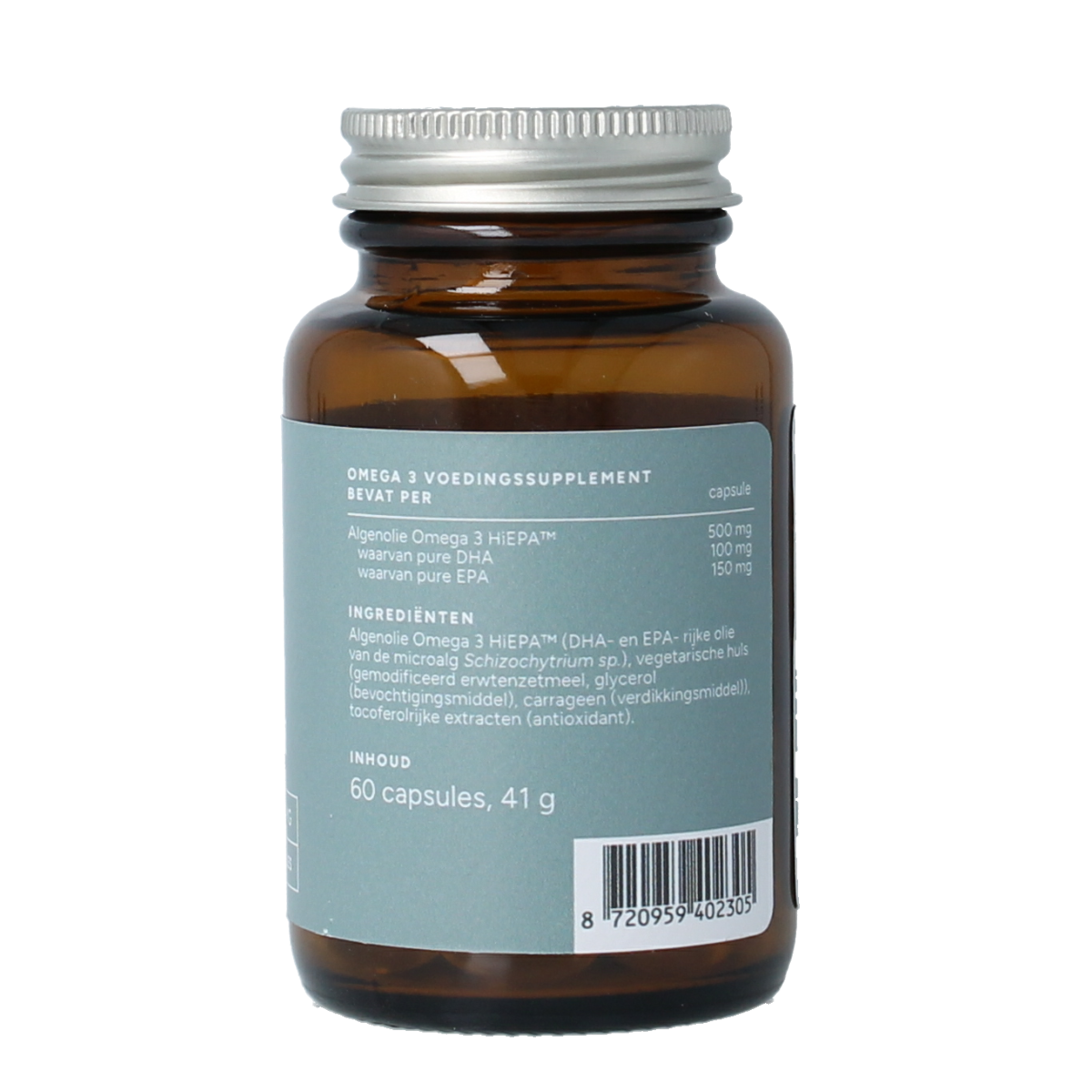 Mattisson Vegan Omega-3 Algenolie capsules with EPA 150mg and DHA 100mg, dietary supplement in 60 capsules.