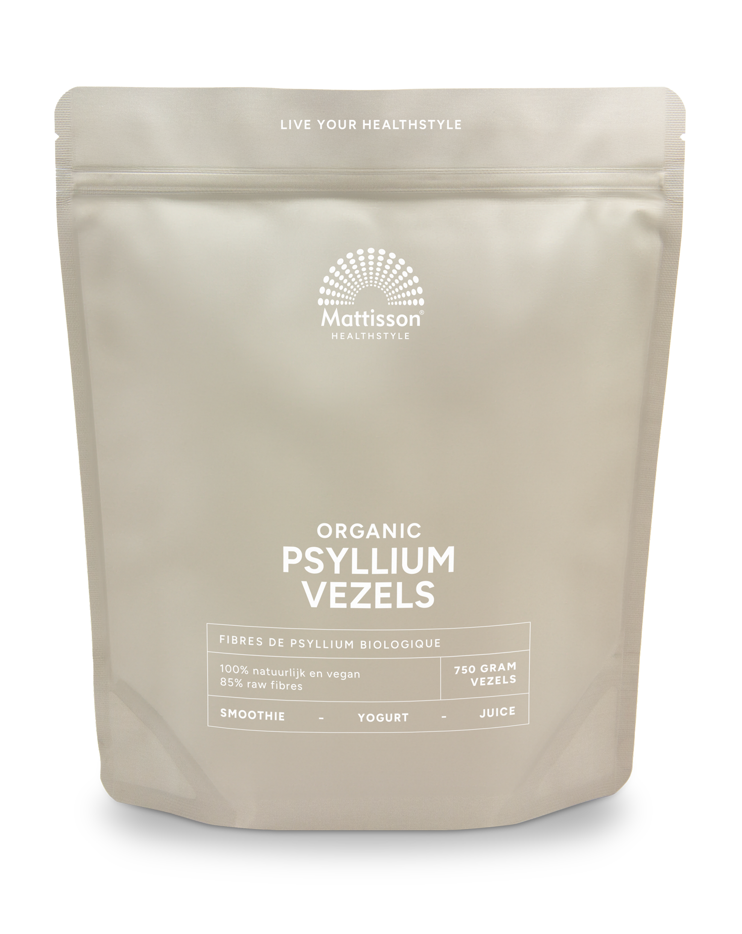 Organic Mattisson psyllium fiber and enzyme supplement in a 750g package, featuring a close-up of the product label and packaging.