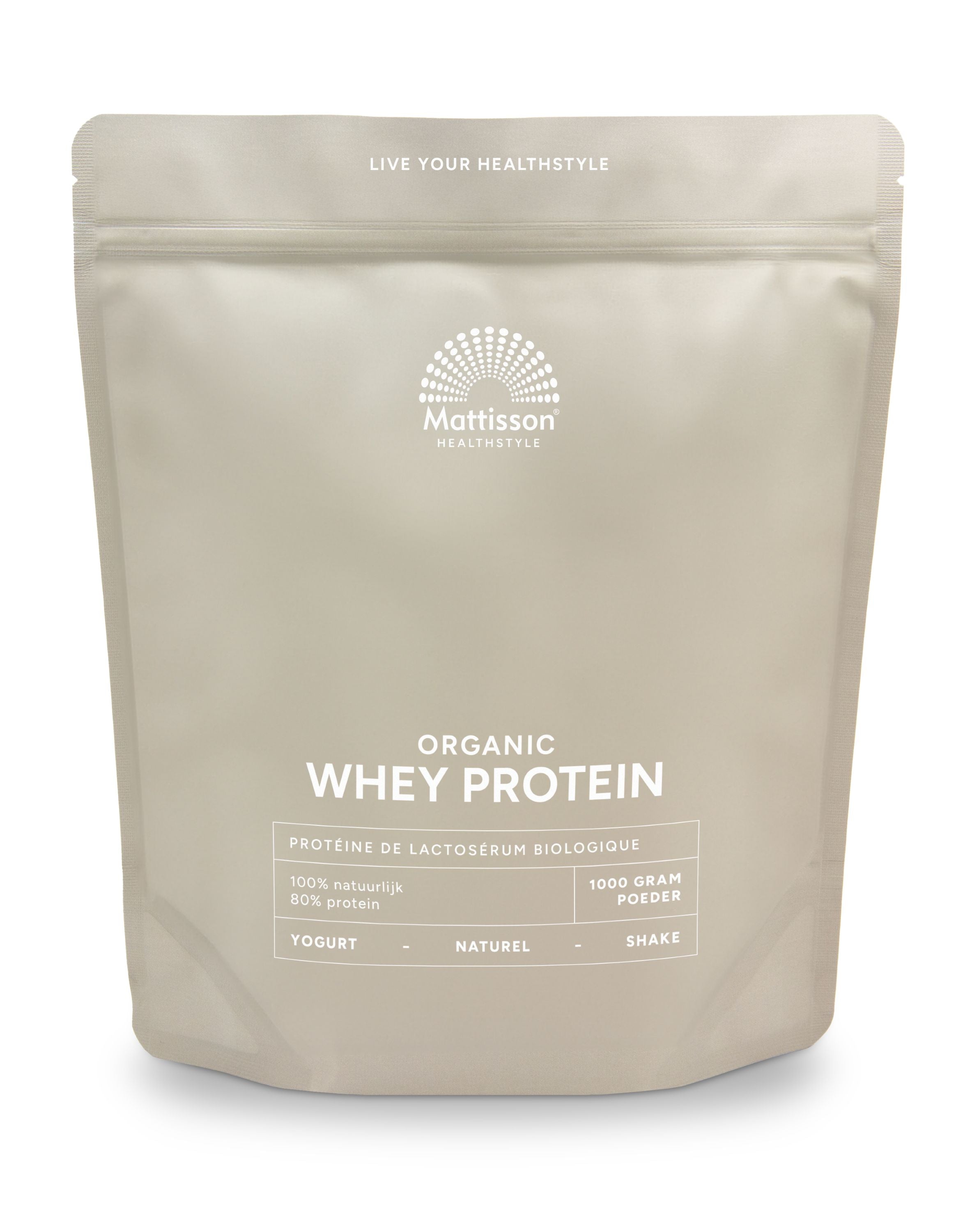 Mattisson Wei proteïnepoeder in 1kg verpakking, aminozuren supplement met 80% natuurlijk bio ingrediënt, close-up of the product container