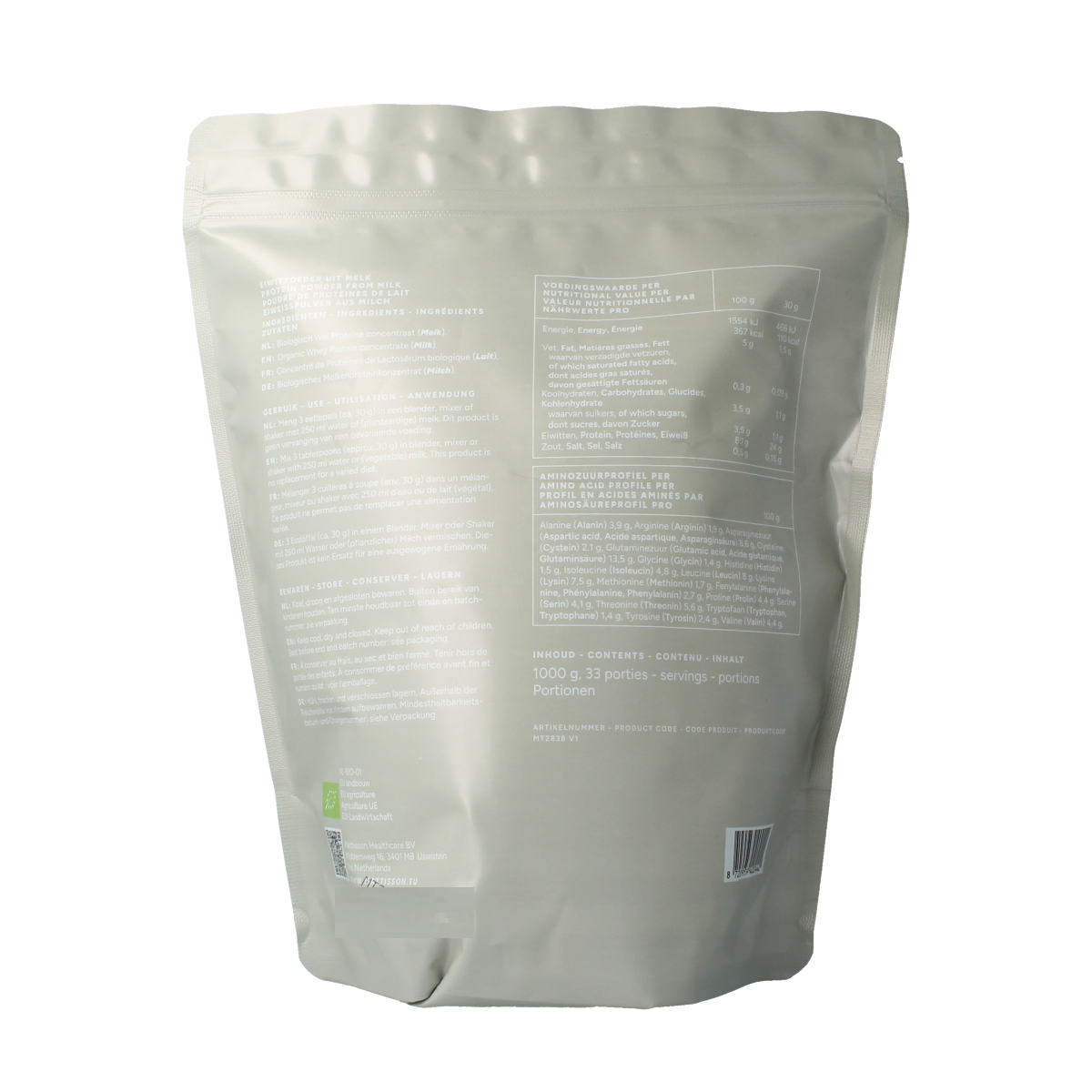 Mattisson Wei proteïne poeder 80% natuurlijk bio, aminozuren, 1 kg, in een witte container met label
