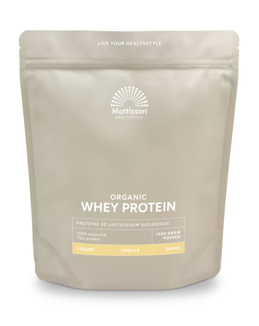 Mattisson Wei proteïne poeder met 75% vanille bio, aminozuren, 1 kg, natuurlijke supplement in een witte container