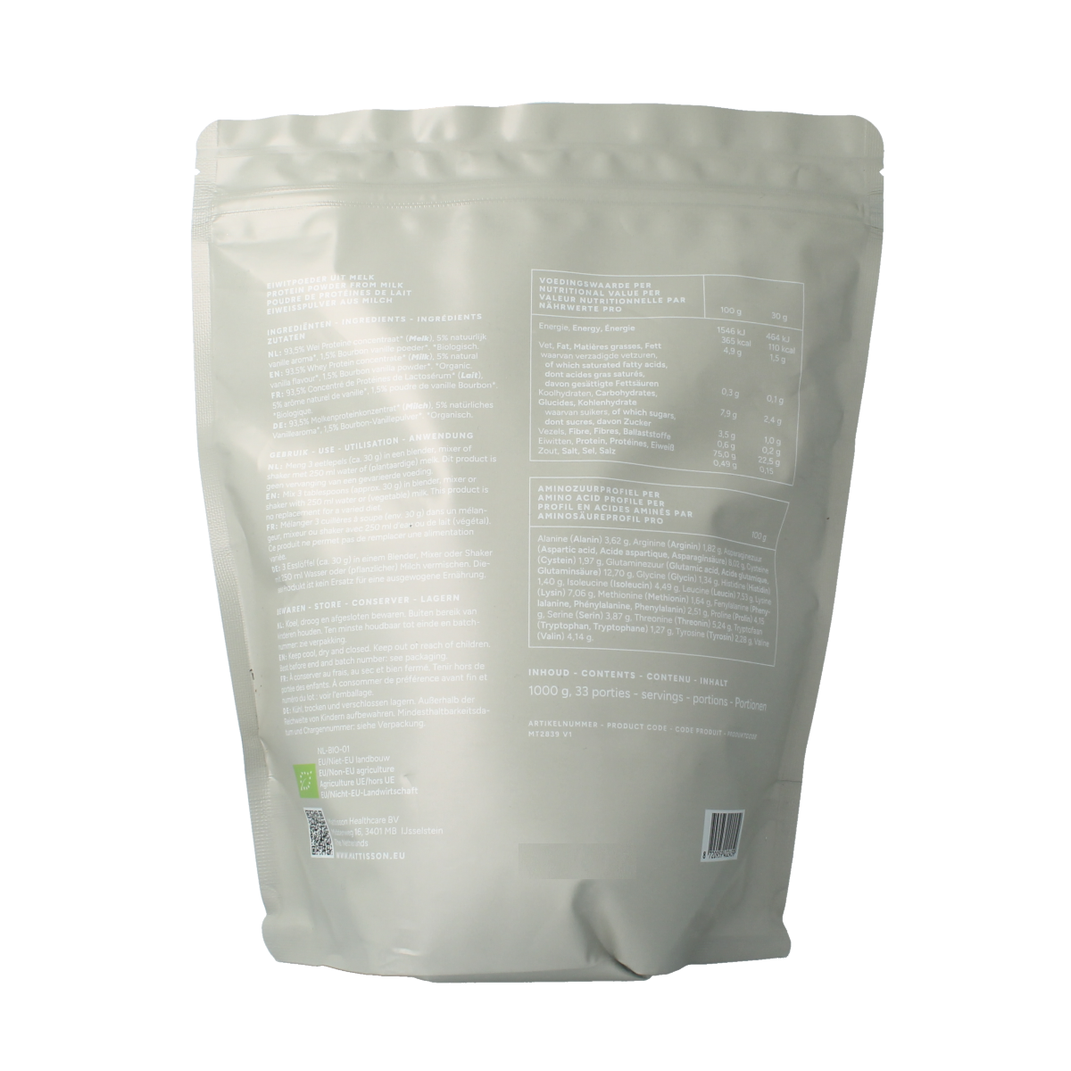 Mattisson Wei proteine poeder met 75% vanille bio, aminozuren supplement in 1kg container, natural and high-quality protein powder.