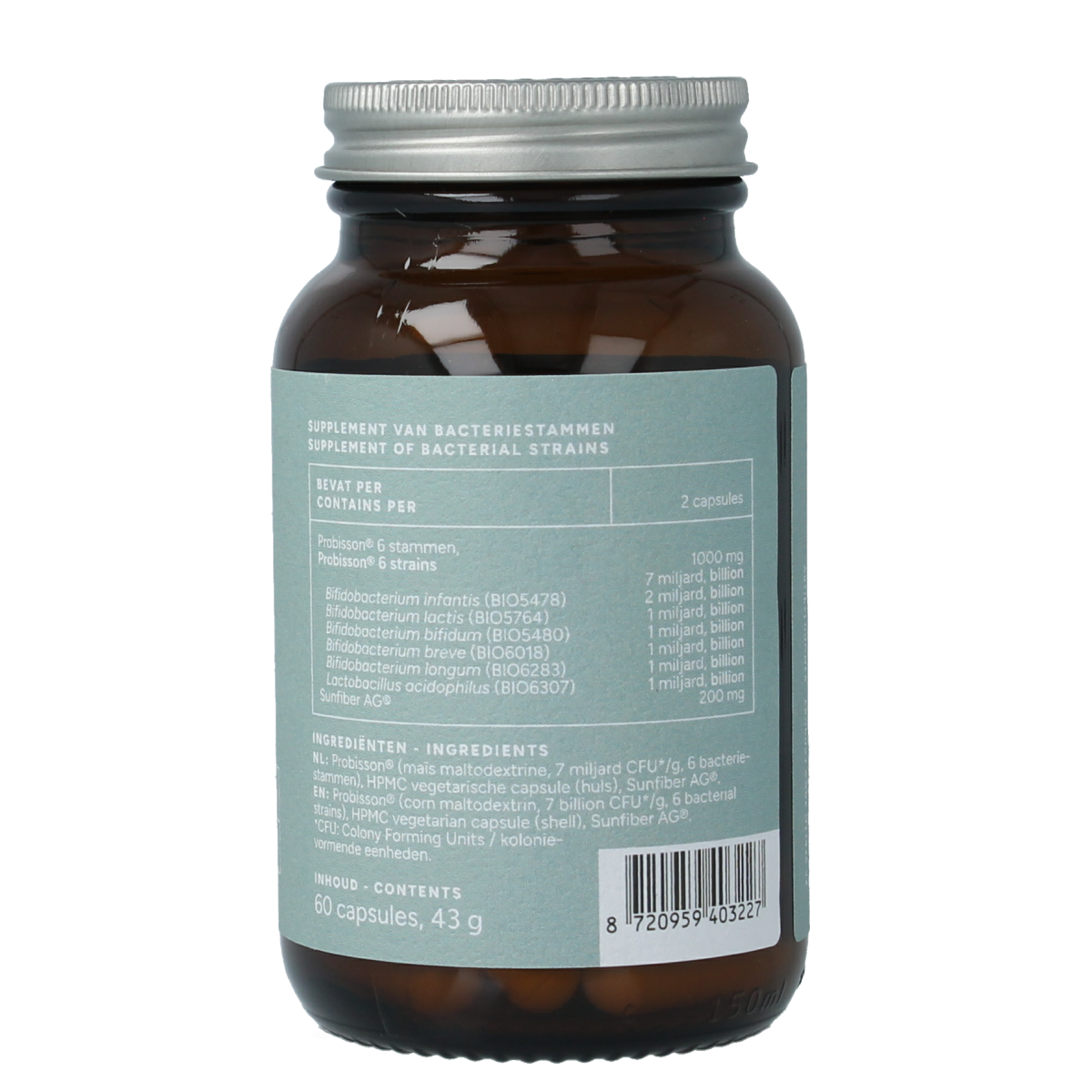Mattisson Probisson Zwanger 7 Mrd probiotic capsules showing a bottle with 60 capsules and label details