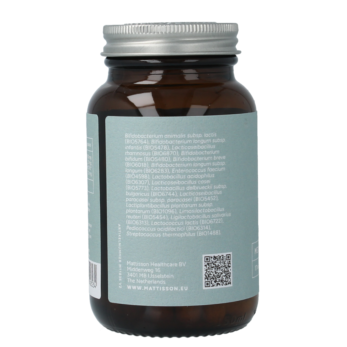 Mattisson Probisson Biotica Complex capsules, dietary supplement in a white bottle with label, designed for health and wellness.