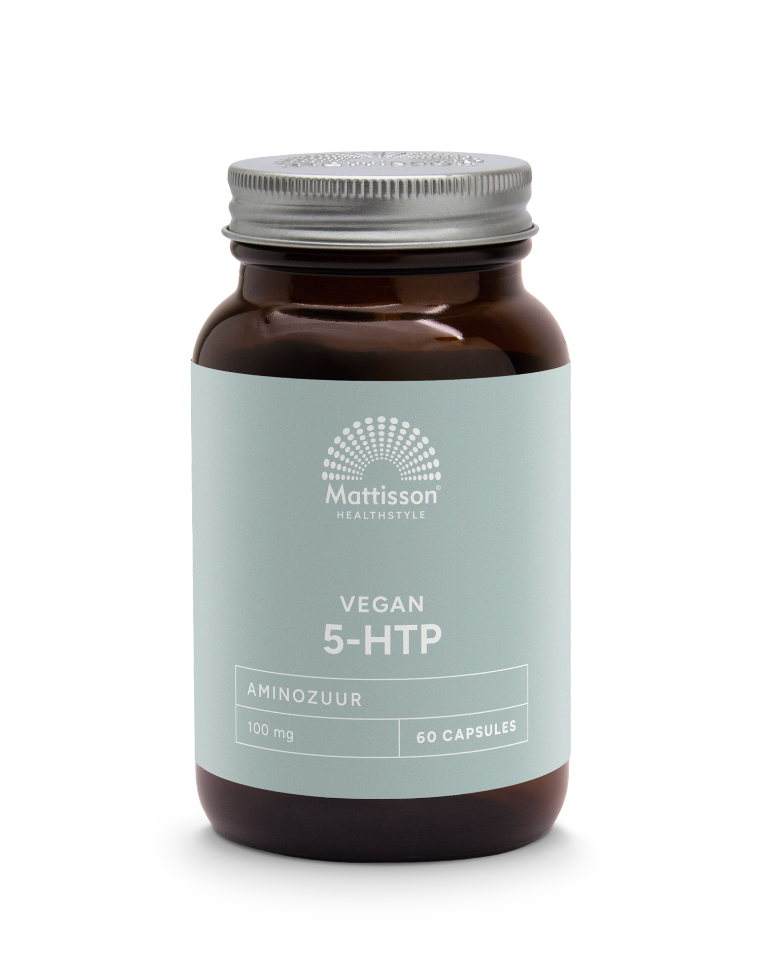 Vegan 5-HTP capsules from Mattisson, herbal supplement in a clear bottle with a white label, close-up view of capsules inside.