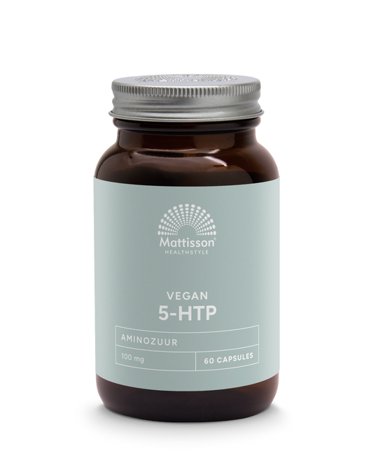 Vegan 5-HTP capsules from Mattisson, herbal supplement in a clear bottle with a white label, close-up view of capsules inside.