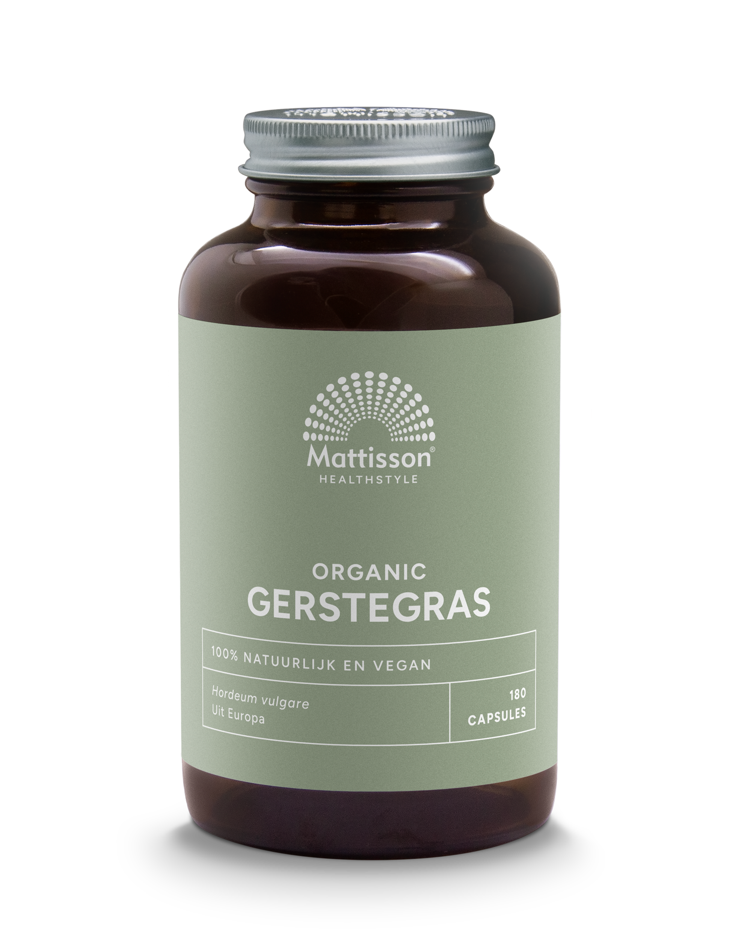 Organic Mattisson Gerstegras capsules in a bottle, highlighting herbal supplement for health and wellness.