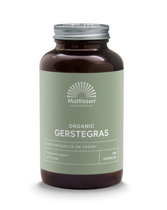 Organic Mattisson Gerstegras capsules in a bottle, highlighting herbal supplement for health and wellness.