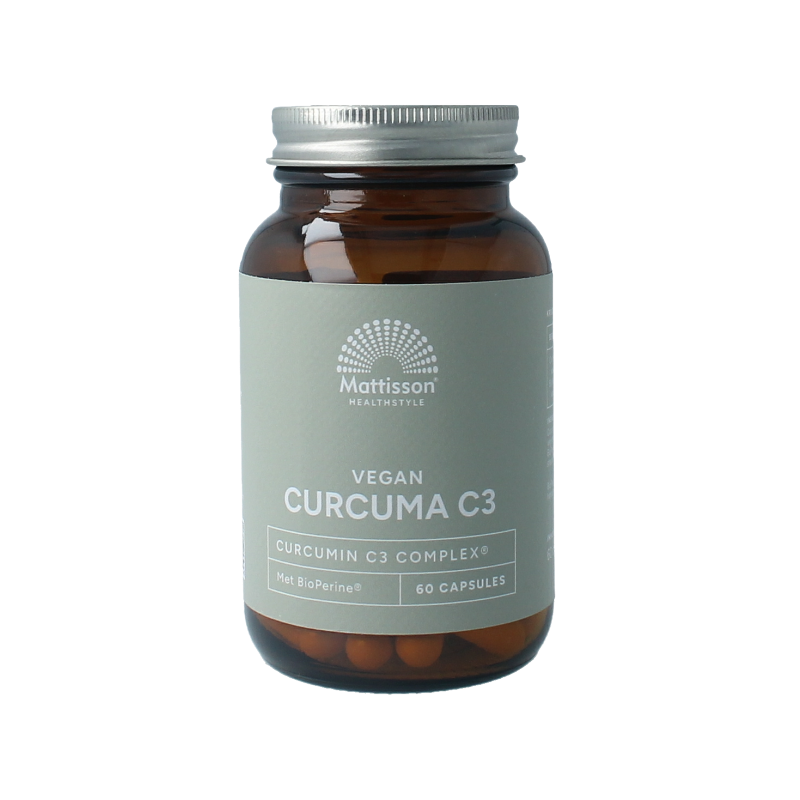 Vegan Mattisson Curcumin C3 Bioperine 500mg supplement capsules in a bottle, showcasing the herbal supplement product.
