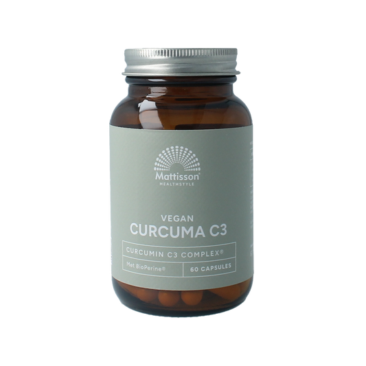 Vegan Mattisson Curcumin C3 Bioperine 500mg supplement capsules in a bottle, showcasing the herbal supplement product.