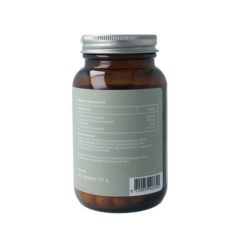 Mattisson Curcumin C3 Bioperine vegan capsules, 500mg, shown in a clear container with label detailing ingredients and branding.