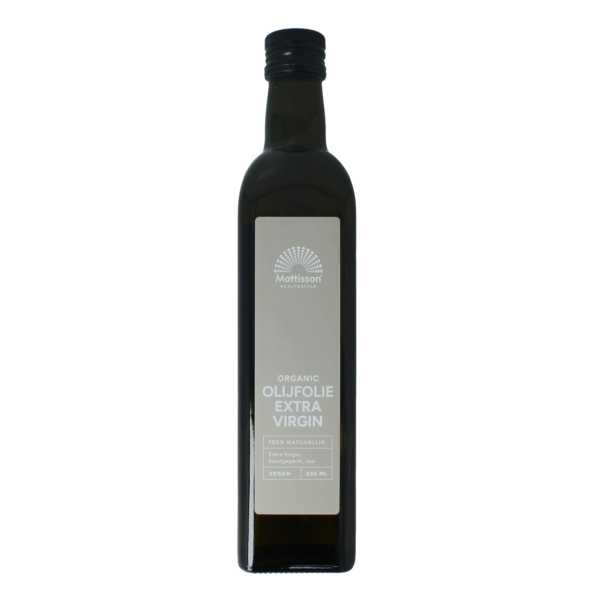 Organic Mattisson extra virgin olive oil bottle, 500ml, showcasing the dark glass container and label with product details.