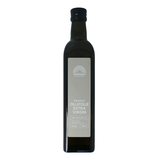 Organic Mattisson extra virgin olive oil bottle, 500ml, showcasing the dark glass container and label with product details.