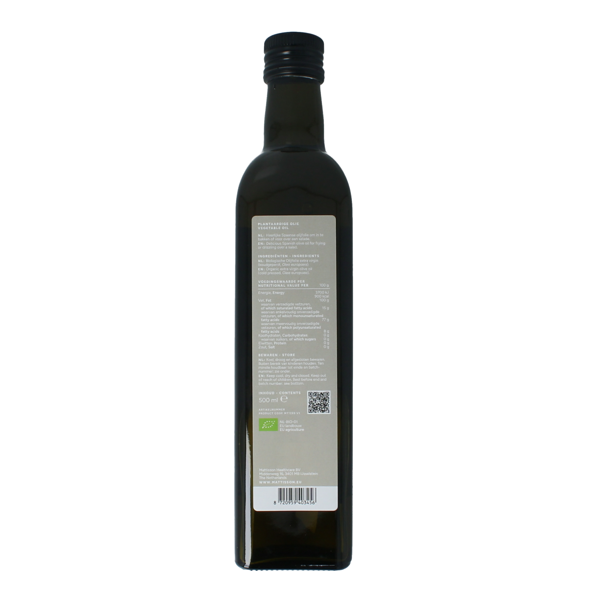 Mattisson Organic extra virgin olive oil in a 500ml bottle, highlighting its natural, high-quality olive oil appearance.
