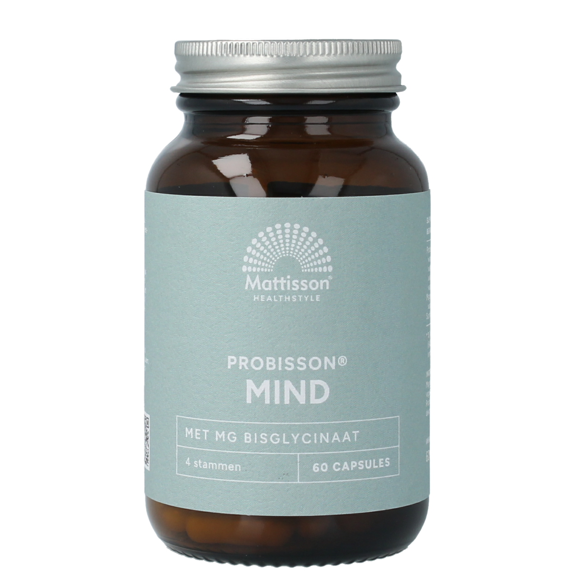 Mattisson Probisson mind capsules, dietary supplement with herbal ingredients, in a clear container showing capsules.