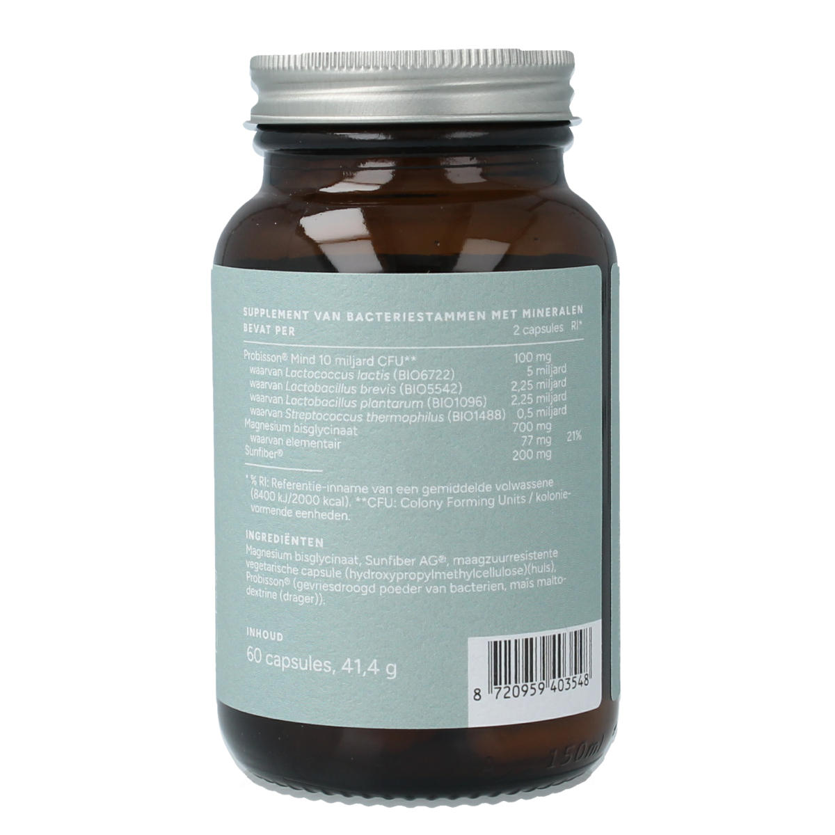 Mattisson Probisson Mind capsules, dietary supplement with herbal ingredients, in a clear plastic bottle with label.