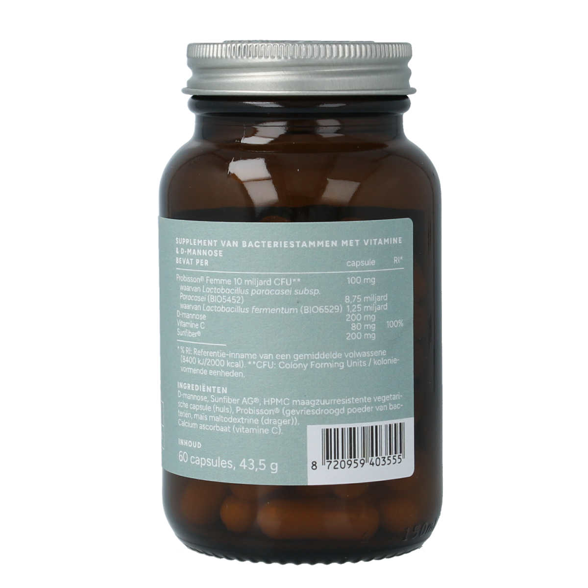Mattisson Probisson Femme capsules, dietary supplement and herbal preparation in a clear container, designed for women's health.