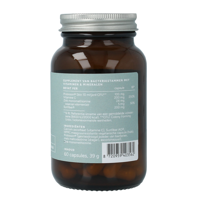 Mattisson Probisson skin supplement in a white bottle with 60 capsules, designed for skin health and nourishment.